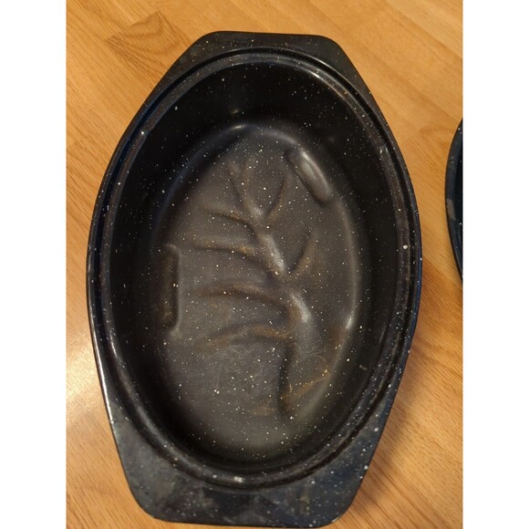 Enamelware Roasting Pan Black White Speckled  Lid Turkey Roaster Vintage 13" - Picture 3 of 10